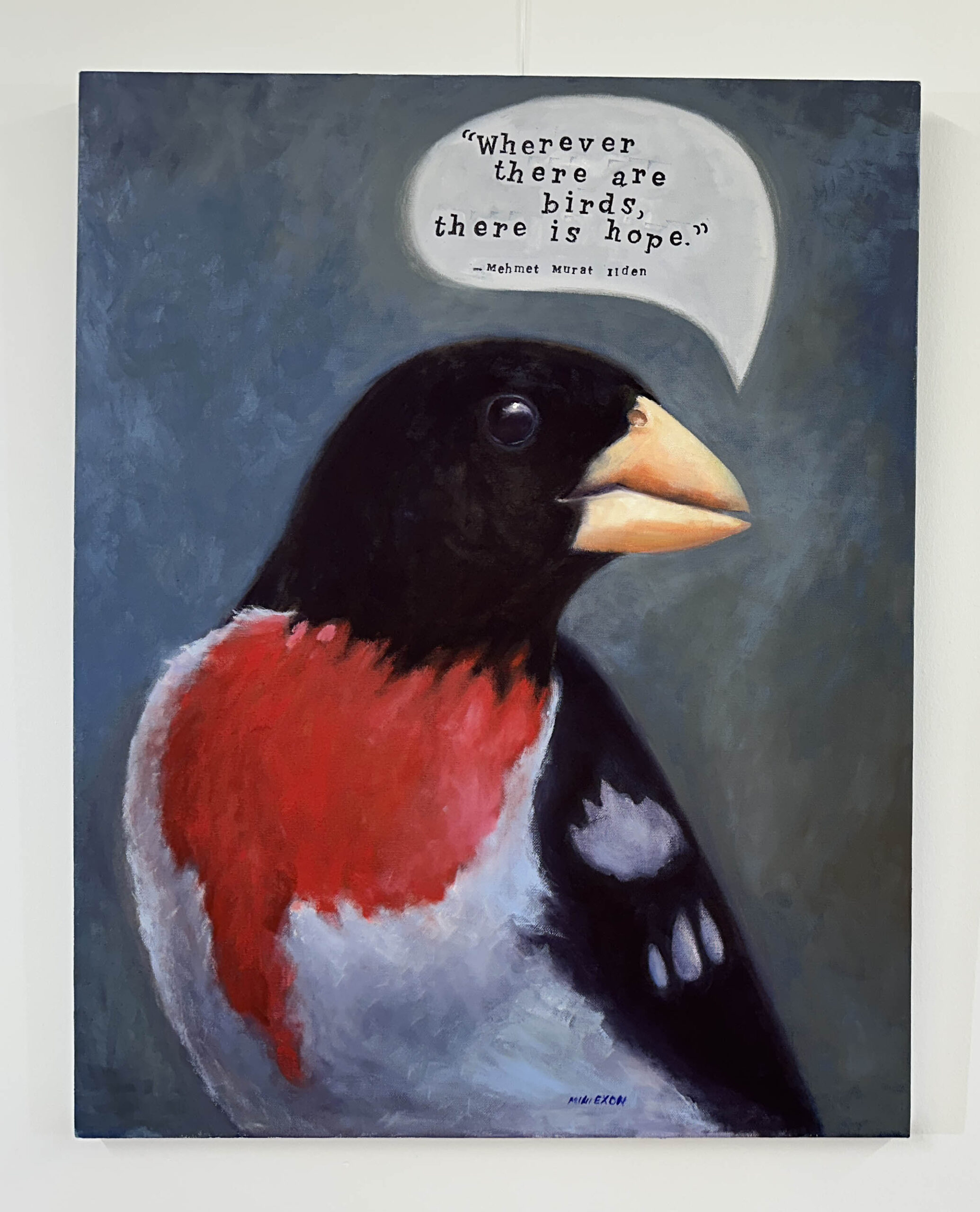 Rose-breasted grosbeak with quote "wherever there are birds there is hope"