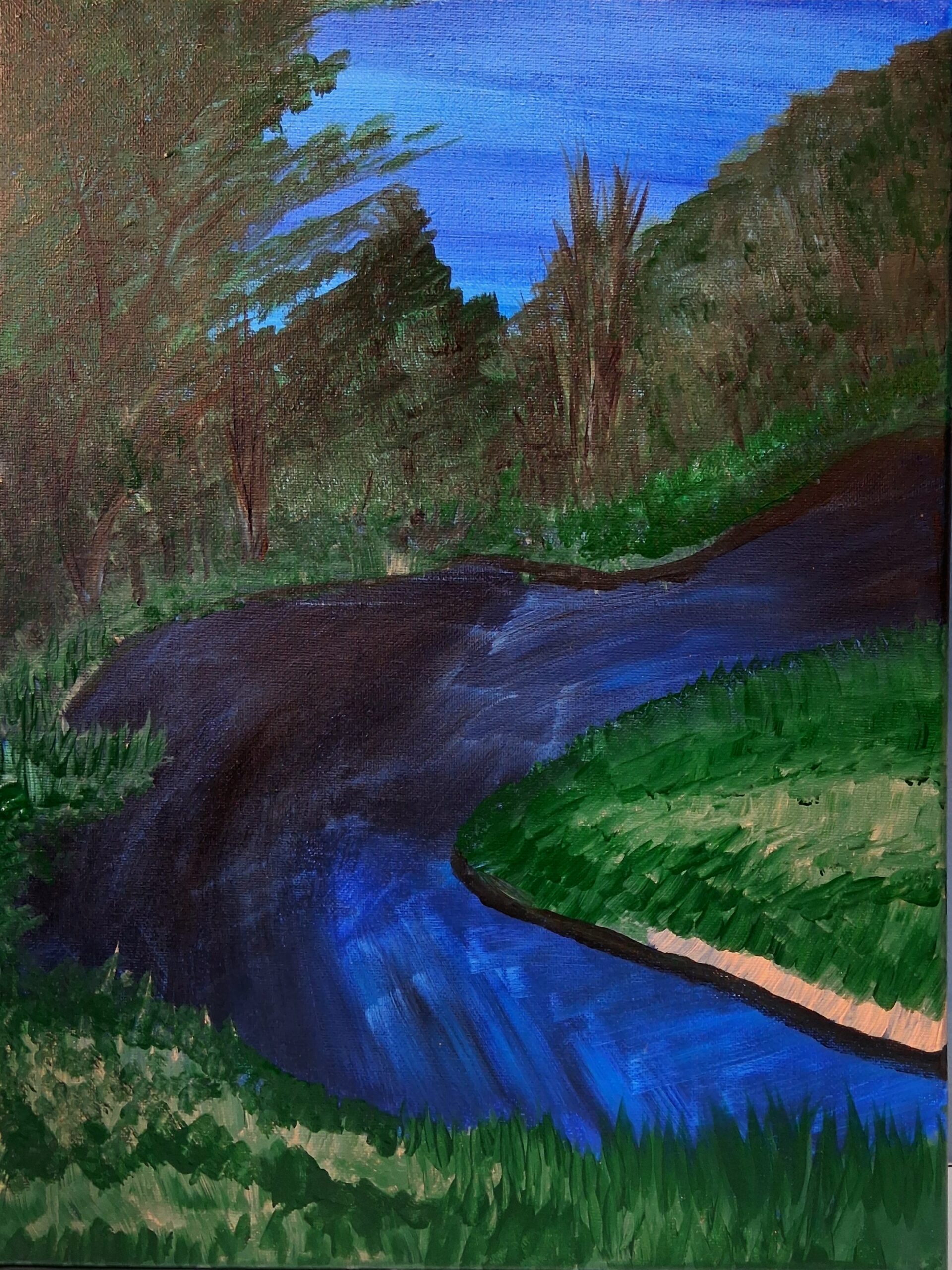 Painting of creek surrounded by grass and trees