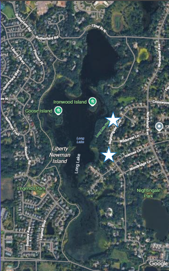 Map of Long Lake with stars where the event will occur.