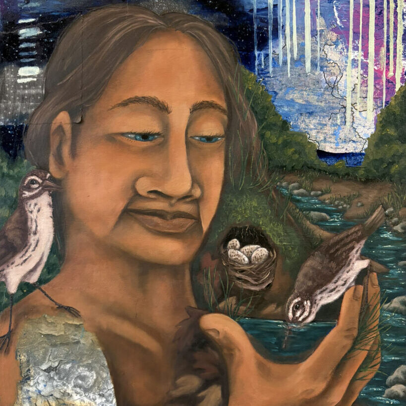 Painting of a woman and Louisiana Waterthrush birds