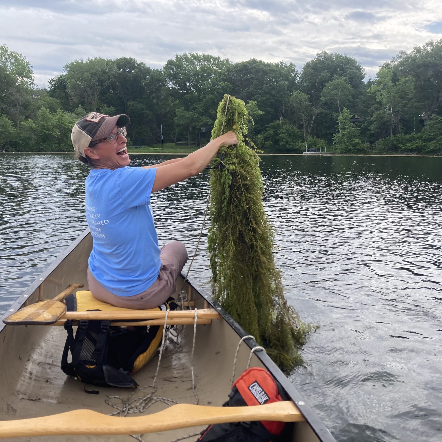 Administrator pulling plants out of Long Lake